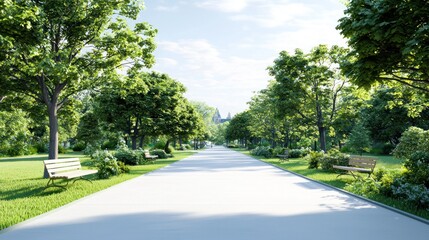 Serene park pathway lined with trees and benches inviting relaxation.