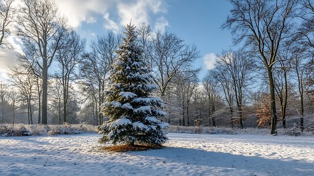 A wooded clearing with a glistening christmas tree encircled by unmelted snow