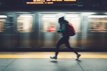 Fototapeta premium Urgent action person running towards a subway train in busy urban station capturing the dynamic atmosphere fast-paced environment and sense of urgency