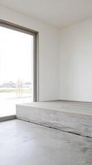 Obraz premium Modern minimalist interior with large window and elevated platform for relaxed seating