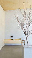 Minimalist interior design featuring a dry tree and modern furniture in a serene setting