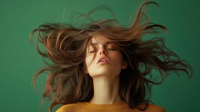 Dynamic hair flip against a vibrant green backdrop, ample space for text integration, full-body pose, striking visual impact