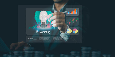 Ai marketing Investment online sale concept. Businessmen use Artificial intelligence smart technology, Robotic Process Automation on market channel solutions, search engines, social media, SEO