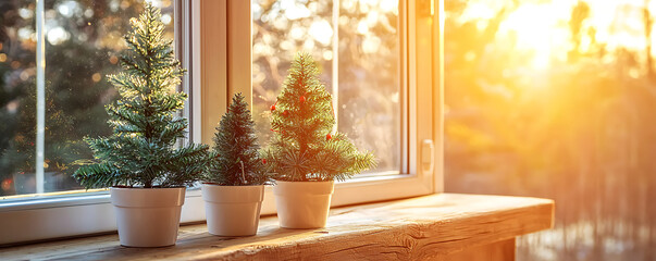 small decorative evergreen Christmas trees in white pots are arranged on a wooden windowsill with sunlight streaming through a large window, creating a warm festive atmosphere.