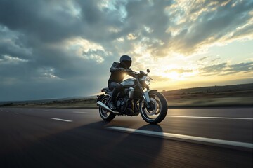 Motorcyclist riding on an open highway at sunset, dynamic motion against a scenic countryside background.