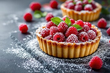 Delicious raspberry tart dusted with powdered sugar on a dark background.