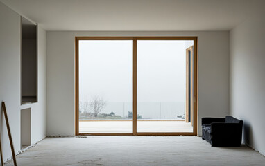 Modern interior space with large window overlooking calm landscape and minimal furnishings
