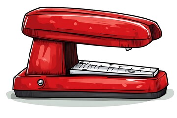 Red Stapler Illustration: Office Supply, Sketch Style, Isolated on White
