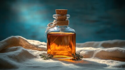 Amber oil bottle, linen cloth, ocean backdrop, spa