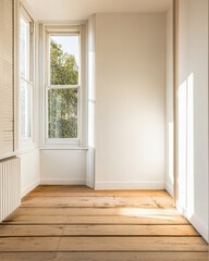 Obraz premium Bright and airy interior space with wooden flooring in a sunlit room
