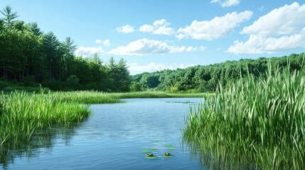 Serene lakeside view with lush greenery and clear blue skies.