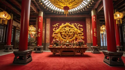 Vibrant Chinese Temple Interior during New Year Festivities