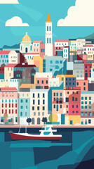 Fototapeta premium Retro Marseille Cityscape Poster with Skyline Landmarks and Port in Provence Alpes Style