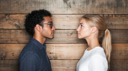 Interracial couple in profile against wooden wall. Ideal for relationship tension, conflict, or confrontation concepts.