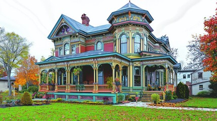 Fototapeta premium A colorful Victorian-style house with intricate architectural details.