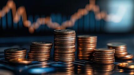 Strategic financial growth: rising graphs and piled coins that show profitable investments and wealth accumulation