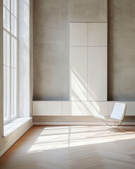 Bright interior space with minimalist design featuring a chair and large windows