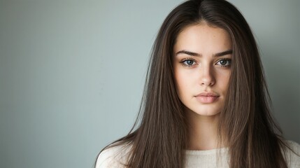 Naklejka premium Young woman with natural beauty portrait. Great for authenticity, natural beauty, or personal branding content.