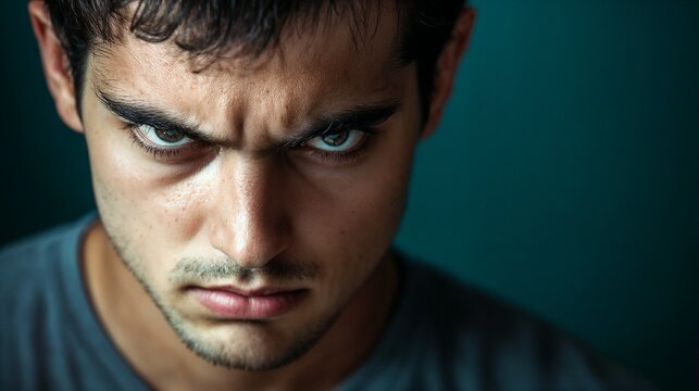 Young man with intense brooding expression. Great for dramatic portrait, emotional depth, or character study content.