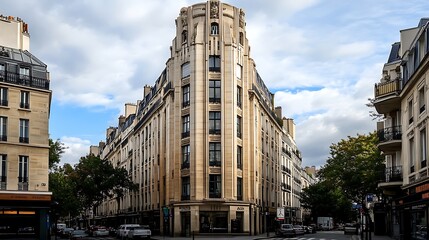 Parisian corner building, Art Deco style, city street scene.
