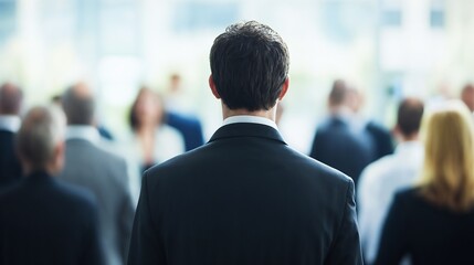 Business person from behind in crowd. Perfect for leadership journey, career path, or professional development concepts.
