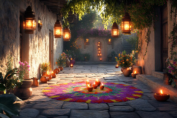 Traditional Diwali decor with hanging lanterns, flickering clay diyas, and colorful rangoli on a stone-paved courtyard floor.