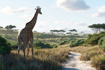 Obraz premium Giraffe in African Savanna: A Serene Sunrise