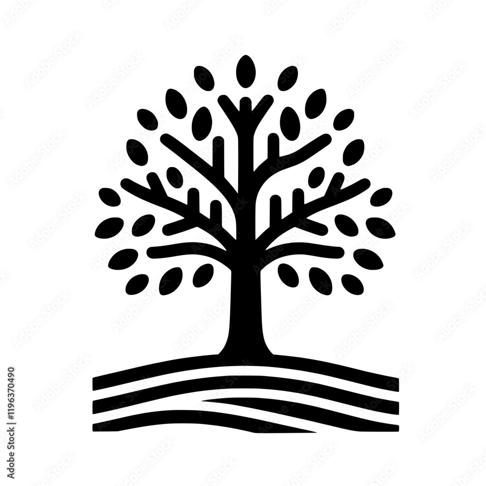 Poster stylized tree on hill: a minimalist black and white illustration of a tree with full leaves standing
