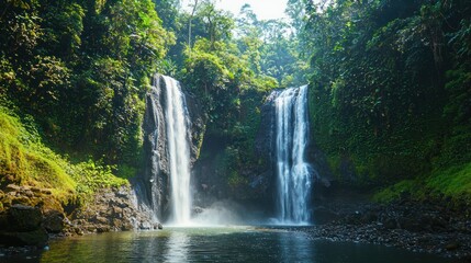 A majestic waterfall cascading into a serene pool, surrounded by lush greenery, capturing the beauty of nature.