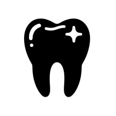 Shining Smile Icon: A bold black silhouette of a single tooth with a sparkling gleam, symbolizing dental hygiene, oral care, and a healthy smile.