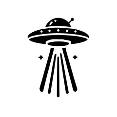 UFO  Hovering:  An iconic black and white silhouette of a classic UFO hovering over a field of stars. Its beam of light illuminates the night sky, inviting mystery and speculation.