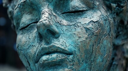 Weathered bronze face sculpture. Perfect for art, classical beauty, or cultural heritage concepts.