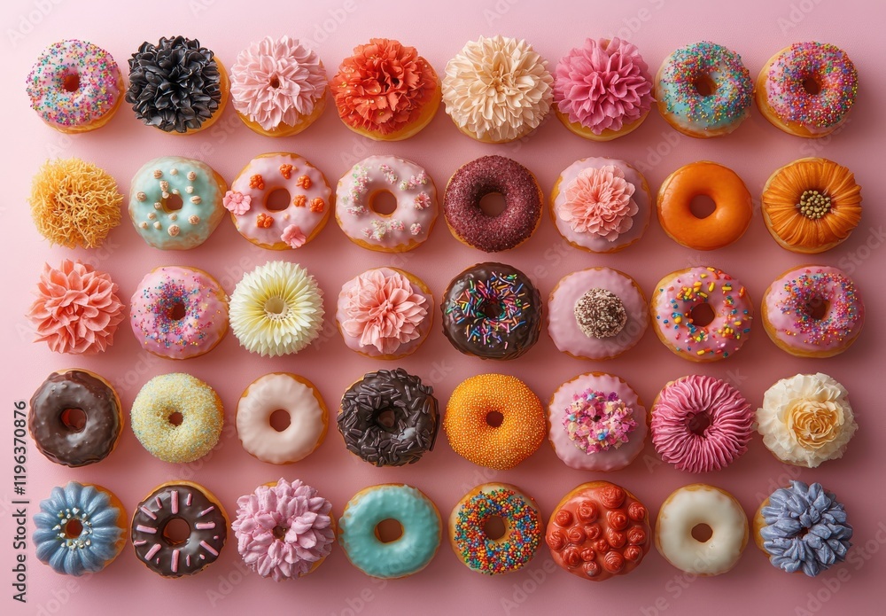 Poster a colorful array of assorted doughnuts displayed on a pink background, showcasing a variety of toppi