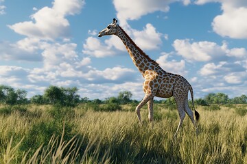 Obraz premium Giraffe in the African Savanna under a Blue Sky
