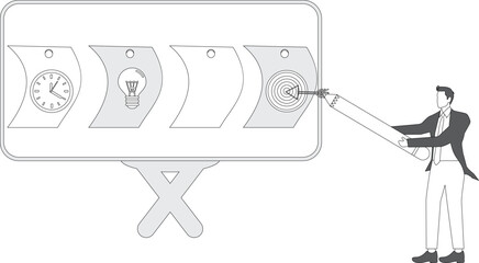 Project management plan, design of business strategies to develop new products, work procedures to achieve business targets, businessman holding pencil and dart board with business project management