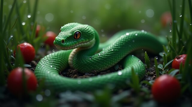 A green snake crawls on the ground among the grass and red apples
