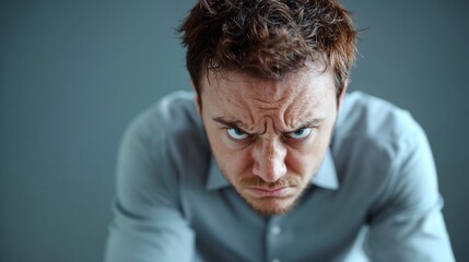 Man with intense angry expression in gray. Great for hostility, confrontation, or negative emotion concepts.