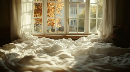 Morning Sunlight Through Window Illuminates Bed