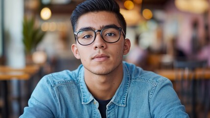 Fototapeta premium Young Asian man in casual attire with glasses. Great for modern professional, urban lifestyle, or diversity representation content.