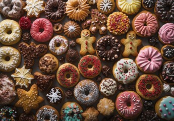 A Colorful Array of Delicious Pastries and Donuts Featuring Various Toppings, Shapes, and Designs Perfect for Celebrations, Parties, or Sweet Treat Cravings