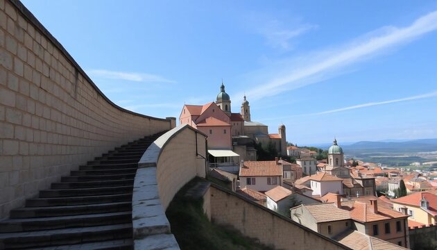 Panoramic View of a Hilltop Town in Italy, featuring curved stone stairs and terracotta rooftops under a bright blue sky