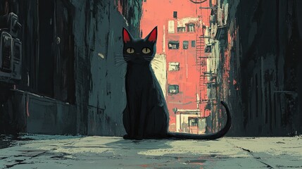 Soft colors and striking shadows adorn this anime-style drawing of a black cat in a desolate city. 