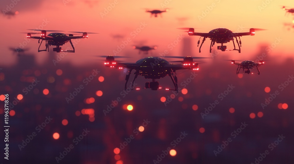 Poster dynamic low poly drone swarm in synchronized flight, showcasing advanced ai coordination and intrica
