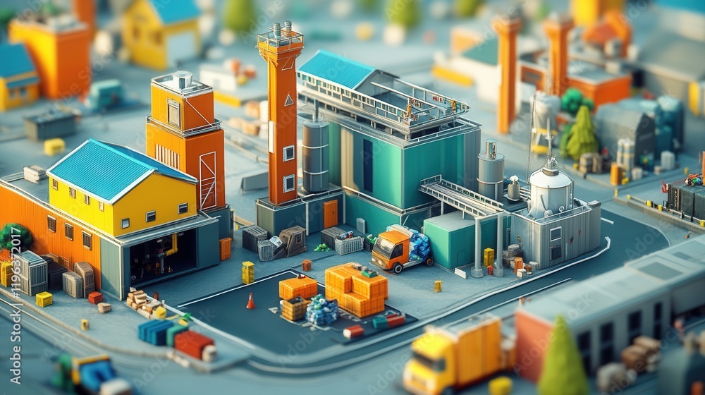 Aufkleber ai-driven low poly recycling center efficiently sorting materials, showcasing advanced technology an