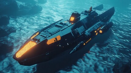 Low Poly AI Submarine in Deep Ocean Exploration, vibrant colors, intricate details, showcasing marine life and underwater landscapes