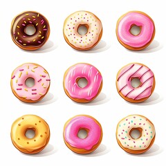 Fototapeta premium This image showcases a delightful assortment of different donuts, each with unique flavors and toppings, all beautifully arranged and set against a clean white background.