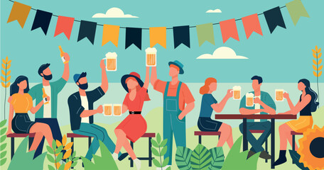 A vector illustration of people enjoying a beer festival outdoors, with mugs and bottles of beer, festive flags, and greenery around.