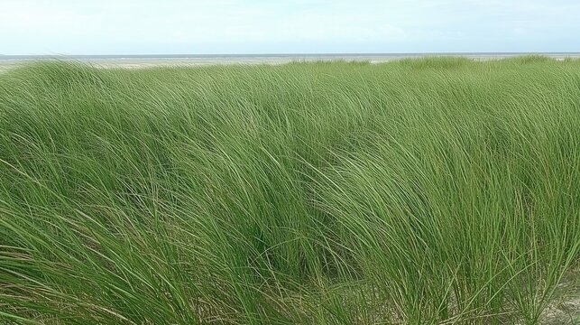 Lush green beach grass blowing gently in the wind, with a calm ocean in the background. - Powered by Adobe
