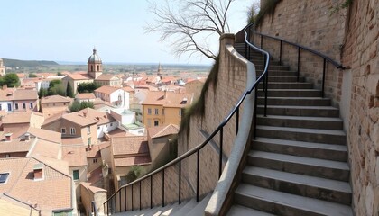 Panoramic View from a Winding Staircase in a Hilltop Town