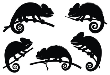 Set of chameleons silhouette on branches vector illustration